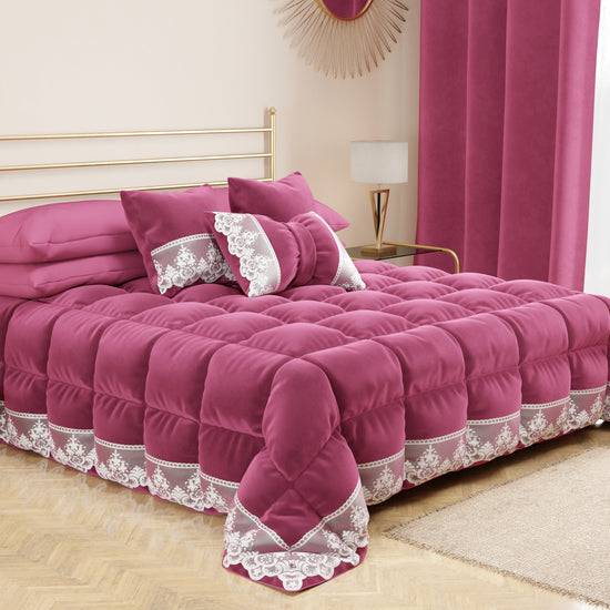 PETTI Cuscini Arredo in Velluto e Balza con Pizzo Rebrodè 2pz, Cuscini divano Fucsia By Sissy Negozio