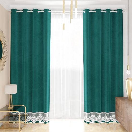PETTI Tenda a Pannello in Velluto per Interni con Anelli e Pizzo Rebrodè, 140x280 cm, Ottanio by Sissy In vendita