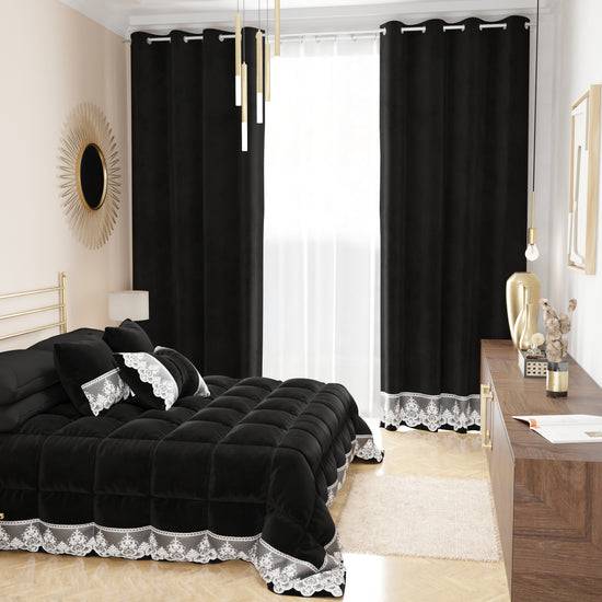 PETTI Tenda a Pannello in Velluto per Interni con Anelli e Pizzo Rebrodè, 140x280 cm, Nero by Sissy Italia