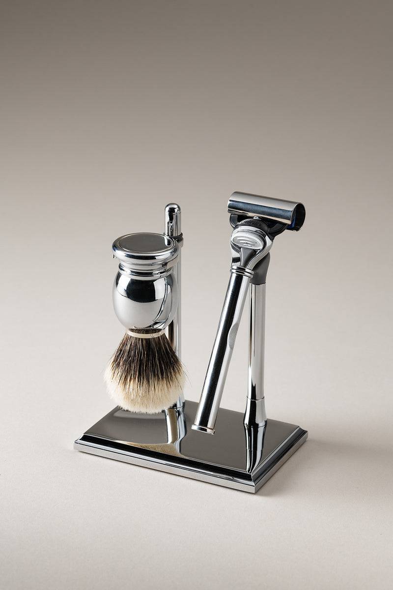 Lorenzi Milano Set rasoio pennello rettangolare in Ottone cromato Italy