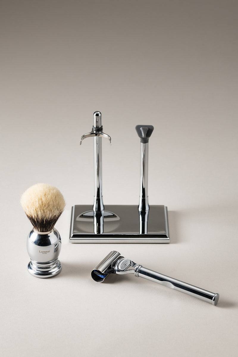 Lorenzi Milano Set rasoio pennello rettangolare in Ottone cromato Italy